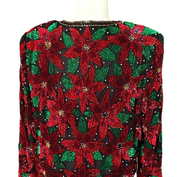 Laurence Kazar Vintage Silk Embellished Sequin Beaded Poinsettia Crop Blazer - L - Picture 6 of 11